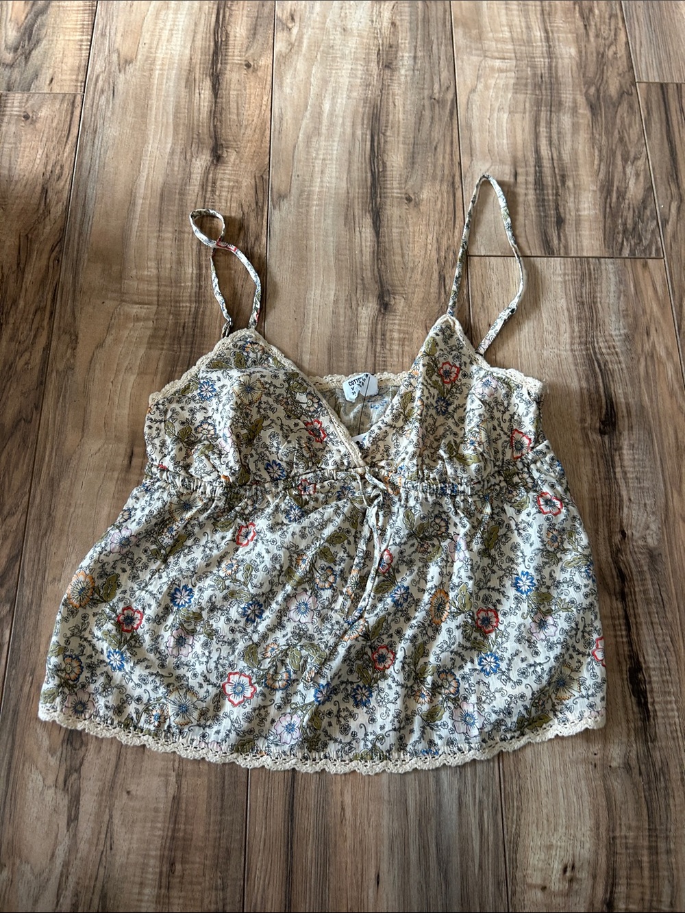 Cotton On Cream Floral Lace-Trim Cami with Multicolor Print